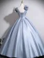 Elegant Sky Blue Appliques Satin Prom Dresses 2026 Ball Gown Scoop Neck Short Sleeve Backless Floor-Length / Long Formal Dresses
