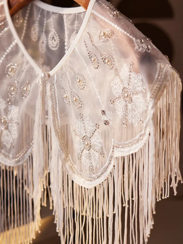 Charmig Vita Handgjort Beading Tassel Pärla Bal sjal 2025