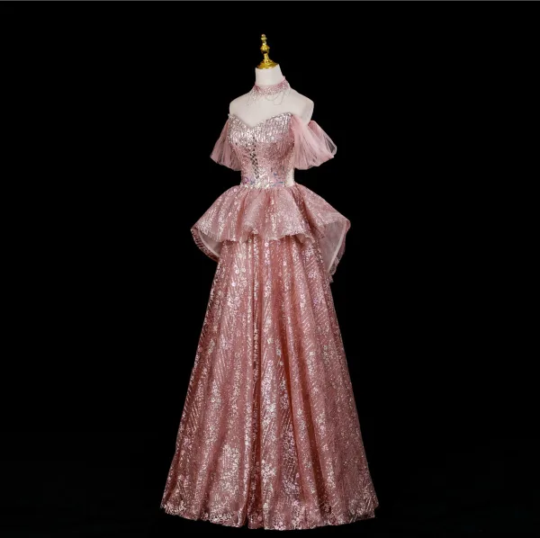 Glitzernden Sexy Pink Perlenstickerei Strass Pailletten Abendkleider 2025 A Linie Off Shoulder Kurze Ärmel Rückenfreies Lange Festliche Kleider