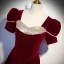 Elegant Burgundy Suede Prom Dresses 2023 A-Line / Princess Square Neckline Pearl Sequins Short Sleeve Floor-Length / Long Prom Formal Dresses
