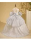 Chic / Beautiful Grey Beading Pearl Sequins Cascading Ruffles Birthday Flower Girl Dresses 2024 Ball Gown Scoop Neck Short Sleeve Backless Bow Floor-Length / Long