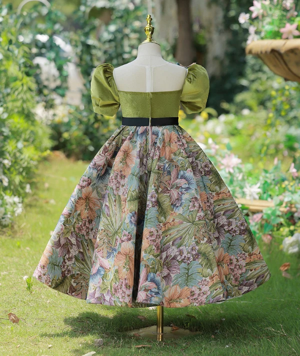 Chic / Belle Vert Cendré Impression Noeud Ceinture Anniversaire Robe Ceremonie Fille 2023 Princesse Encolure Carrée Gonflée Manches Courtes Longue