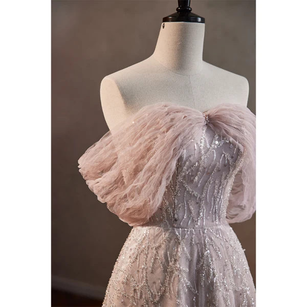 Charmant Dunkel Rosa Perlenstickerei Pailletten Abendkleider Ballkleider 2023 A Linie Off Shoulder Kurze Ärmel Rückenfreies Lange Festliche Kleider