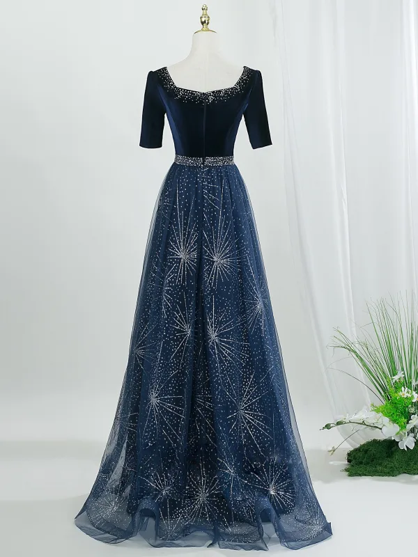 Vintage / Retro Navy Blue Sequins Prom Dresses 2026 A-Line / Princess Square Neckline Short Sleeve Backless Floor-Length / Long