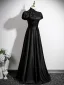 Vintage / Retro Black Satin Appliques Prom Dresses 2025 A-Line / Princess High Neck Puffy Short Sleeve Backless Floor-Length / Long Prom Formal Dresses