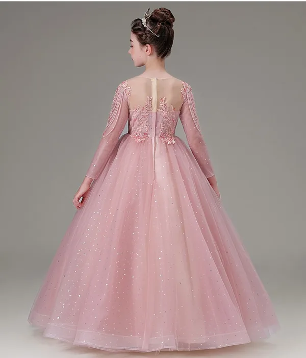 Elegant Candy Pink Beading Sequins Rhinestone Lace Flower Birthday Flower Girl Dresses 2025 Ball Gown Scoop Neck 3/4 Sleeve Floor-Length / Long