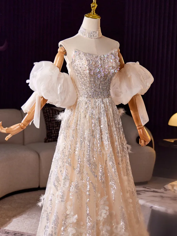 Charming Bling Bling Champagne Beading Rhinestone Appliques Prom Dresses 2025 A-Line / Princess Strapless Short Sleeve Backless Floor-Length / Long Formal Dresses