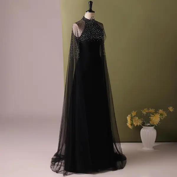 Chic / Beautiful Black Rhinestone Prom Dresses 2024 A-Line / Princess Scoop Neck Sleeveless Floor-Length / Long Prom Formal Dresses