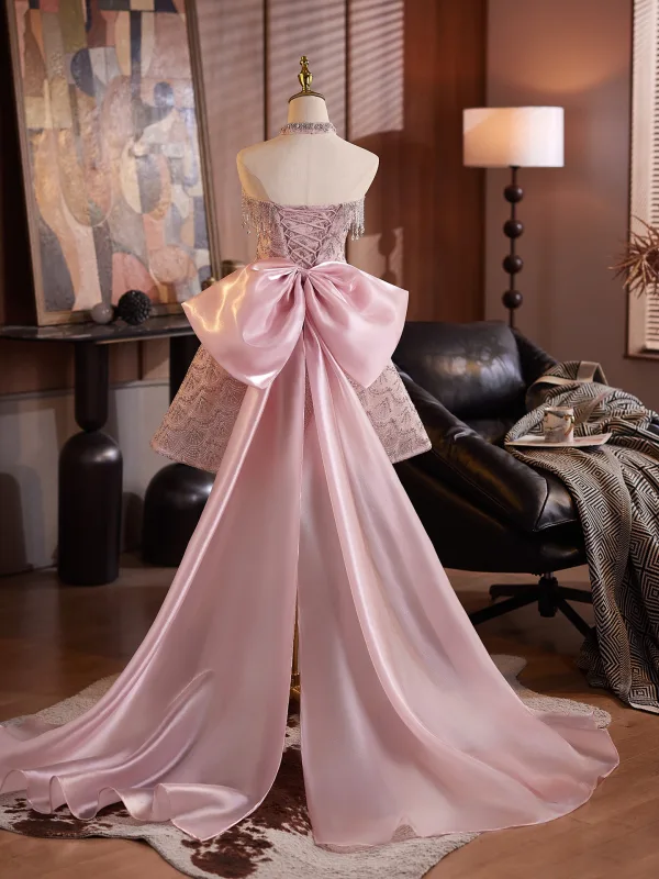Sjarmerende Bling Bling Rødmende Rosa Beading Rhinestone Paljetter Selskapskjoler 2025 Prinsesse Kjæreste Uten Ermer Ryggløse Sløyfe Knelengde Aften