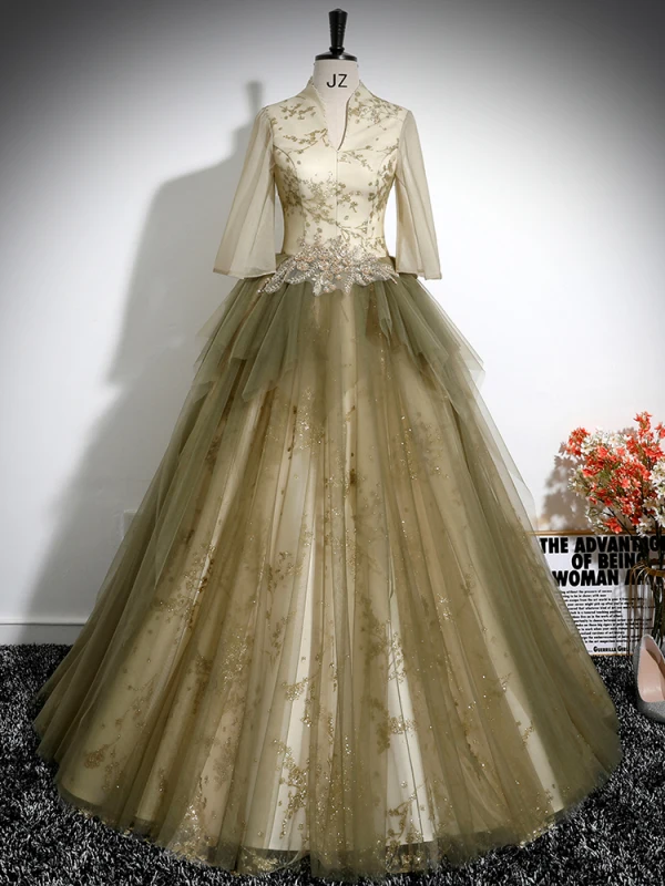 Elegant Khaki Beading Sequins Embroidered Prom Dresses 2024 Ball Gown High Neck 1/2 Sleeves Floor-Length / Long Prom Formal Dresses