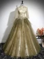 Elegant Khaki Beading Sequins Embroidered Prom Dresses 2024 Ball Gown High Neck 1/2 Sleeves Floor-Length / Long Prom Formal Dresses