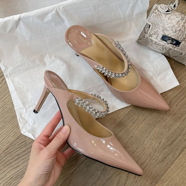 Charming Beige Rhinestone Evening Party Womens Sandals 2022 8 cm Stiletto Heels Pointed Toe Sandals High Heels