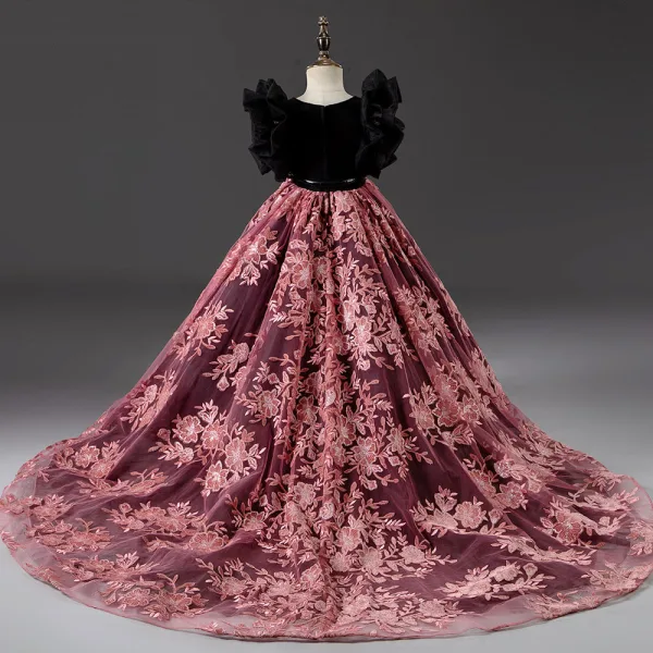 Vintage / Originale Bordeaux Paillettes En Dentelle Fleur Promo Robe Ceremonie Fille 2022 Robe Boule Encolure Dégagée Gonflée Manches Courtes Noeud Ceinture Tribunal Train Robe Ceremonie Fille