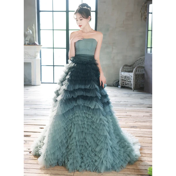 Modern / Fashion Ink Blue Cascading Ruffles Evening Dresses 2023 A-Line / Princess Strapless Sleeveless Backless Sweep Train Evening Party Formal Dresses