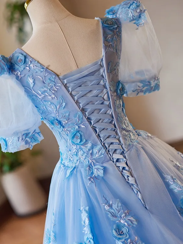 Chic / Beautiful Sky Blue Appliques Lace Flower Prom Dresses 2024 Ball Gown V-Neck Short Sleeve Backless Floor-Length / Long Prom Formal Dresses