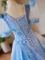Chic / Beautiful Sky Blue Appliques Lace Flower Prom Dresses 2024 Ball Gown V-Neck Short Sleeve Backless Floor-Length / Long Prom Formal Dresses