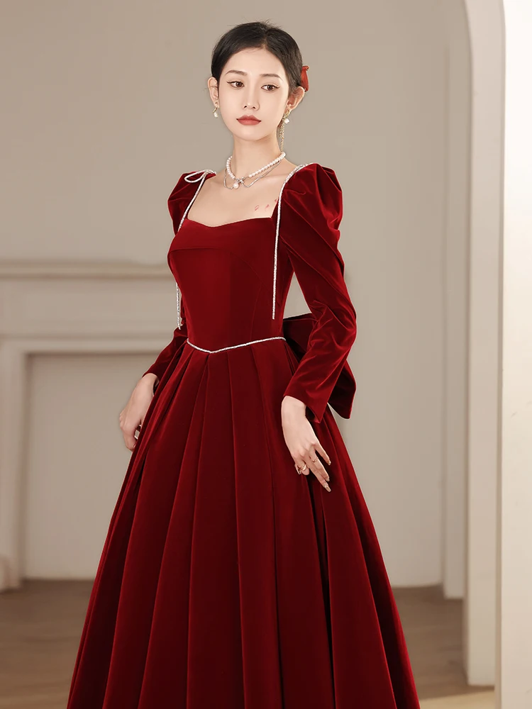 Elegant Burgundy Velour Winter Prom Dresses 2023 A-Line Princess Square Neckline Pearl