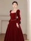 Elegant Burgundy Velour Winter Prom Dresses 2023 A-Line / Princess Square Neckline Pearl Long Sleeve Backless Bow Floor-Length / Long Prom Formal Dresses