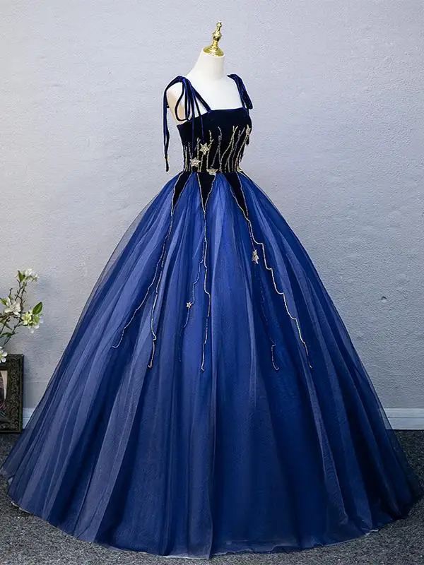 blue star prom dress Light Blue Star Sequined Tulle A-line With High Slit Prom Dresses, CP0776 main image 0