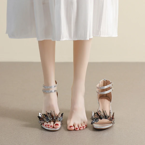 Chic / Belle Argenté Papillon Promo Sandales Femme 2023 Bride Cheville 7 cm Talons Épais Peep Toes / Bout Ouvert Sandales Talons Hauts