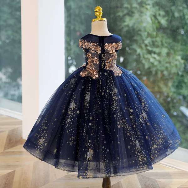 Charming Navy Blue Beading Star Sequins Birthday Flower Girl Dresses 2023 Ball Gown Scoop Neck Sleeveless Floor-Length / Long Flower Girl Dresses