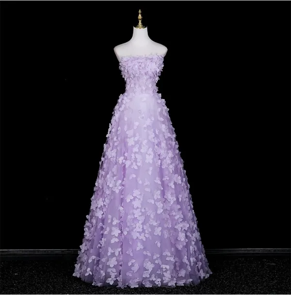 Flower Fairy Lavender Appliques Prom Dresses 2025 A-Line / Princess Strapless Sleeveless Backless Floor-Length / Long Formal Dresses