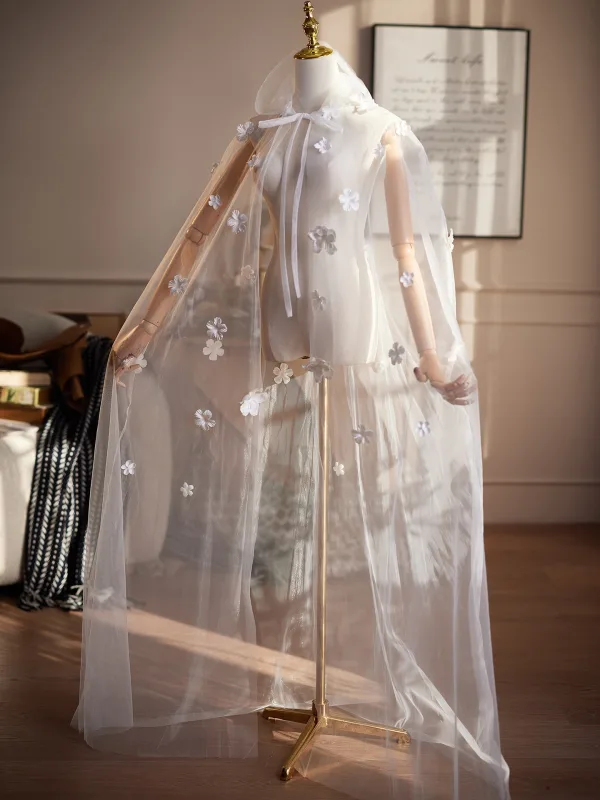 Élégant Blanche Fait main Appliques Mariage Vestes & Enveloppements Tulle 2026 châle