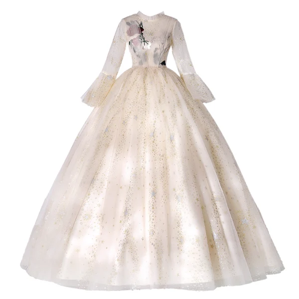 Élégant Champagne Paillettes En Dentelle Fleur Robe De Bal 2022 Robe Boule Col Haut Manches de cloche Longue Robe De Ceremonie