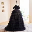 Charmant Noire Volants en Cascade Robe De Soirée 2023 Robe Boule Bustier Sans Manches Dos Nu Train De Balayage Soirée Robe De Ceremonie
