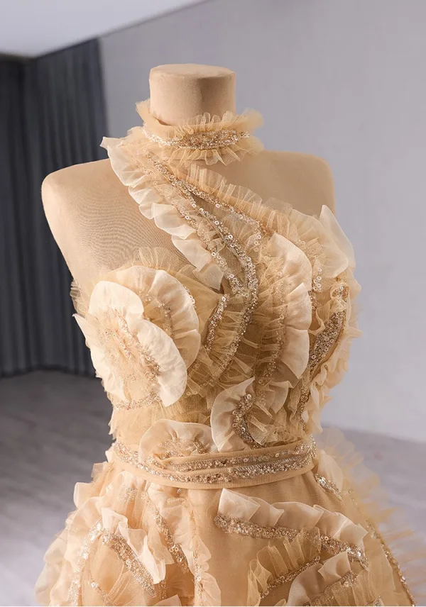 High-end Champagne Beading Sequins Ruffle Prom Dresses 2024 A-Line / Princess High Neck Sleeveless Backless Floor-Length / Long Prom Formal Dresses