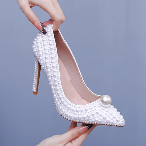 Elegante Witte Parel Bruidsschoenen 2025 11 cm Naaldhakken / Stiletto Spitse Neus Huwelijk Pumps Hoge Hakken