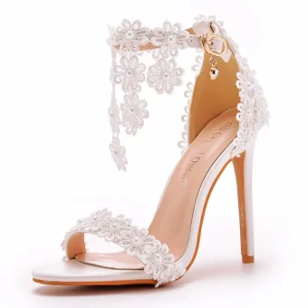 Sexy Hvit Perle Blonder Blomst Ankelstropp Brudesko 2025 11 Cm Stiletthæler Peep Toe Bryllup Sandaler Høyhælte