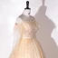 Chic / Beautiful Champagne Beading Lace Flower Prom Dresses 2022 A-Line / Princess Scoop Neck Long Sleeve Backless Sash Floor-Length / Long Prom Formal Dresses