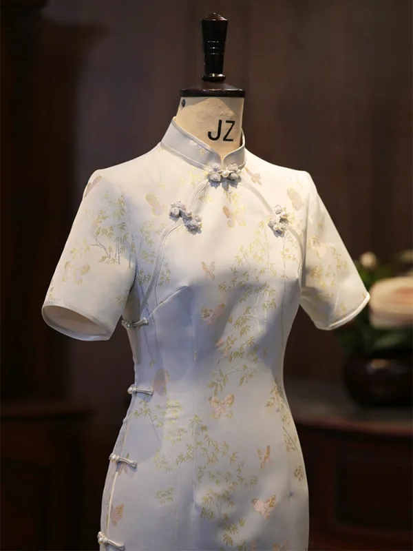 Vintage / Retro White Printing Tea-length Cheongsam 2026 Trumpet / Mermaid High Neck Short Sleeve