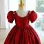 Élégant Bordeaux Anniversaire Perle Satin Impression Robe Ceremonie Fille 2023 Robe Boule Encolure Carrée Gonflée Manches Courtes Dos Nu Longue Robe Ceremonie Fille
