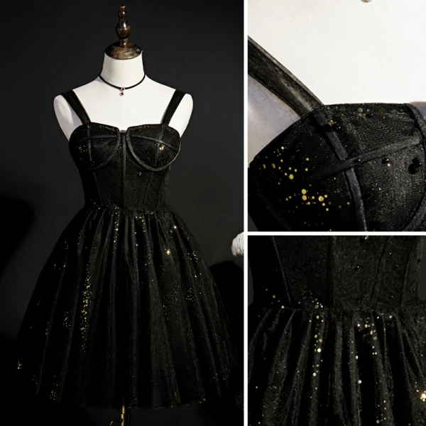 Fashion Black Sequins Short Party Dresses 2022 A-Line / Princess Spaghetti Straps Backless Sleeveless Formal Dresses
