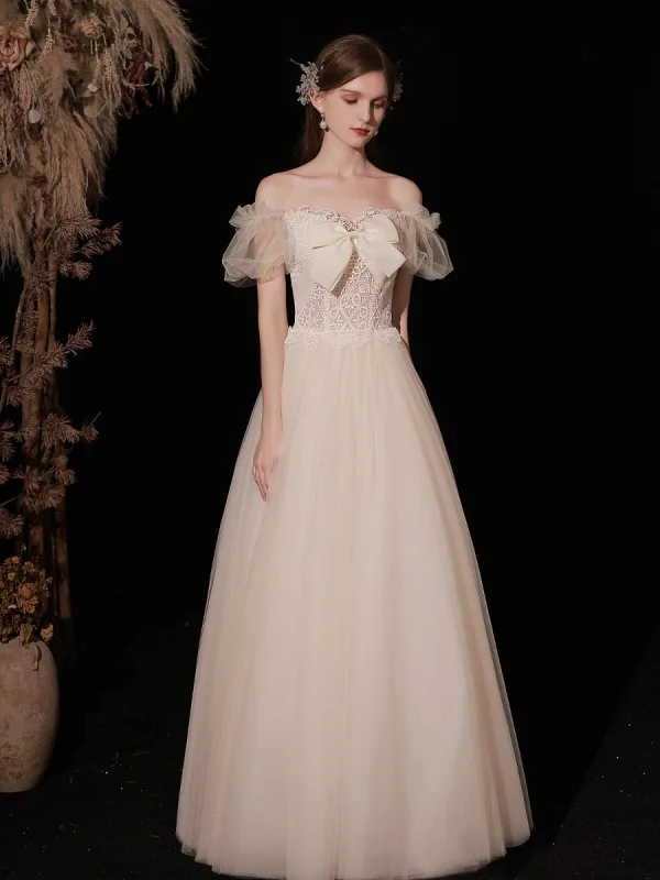 Lovely Ivory Lace Flower Prom Dresses 2022 A-Line / Princess Square Neckline Bow Puffy Short Sleeve Backless Floor-Length / Long Prom Formal Dresses