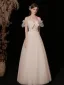 Lovely Ivory Lace Flower Prom Dresses 2022 A-Line / Princess Square Neckline Bow Puffy Short Sleeve Backless Floor-Length / Long Prom Formal Dresses