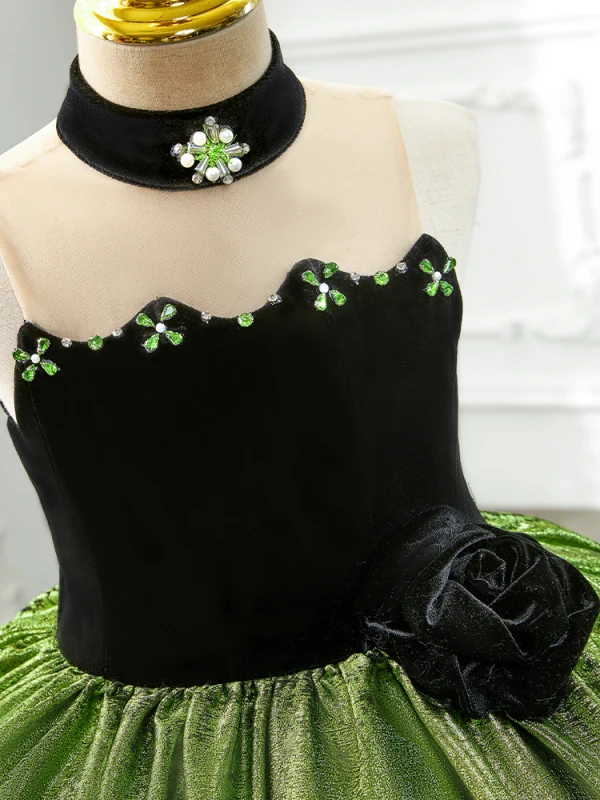 Chic / Beautiful Green Rhinestone Birthday Flower Girl Dresses 2024 Ball Gown Strapless Sleeveless Floor-Length / Long
