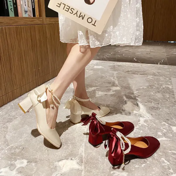 Vintage / Retro Beige Street Wear Womens Shoes 2022 Pearl Ankle Strap Bow 5 cm Thick Heels Square Toe Pumps High Heels