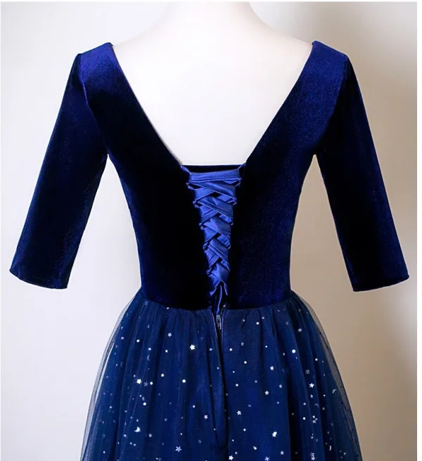 Vintage / Retro Navy Blue Star Sequins Floor-Length / Long Mother Of The Bride Dresses 2025 A-Line / Princess Square Neckline Short Sleeve Backless