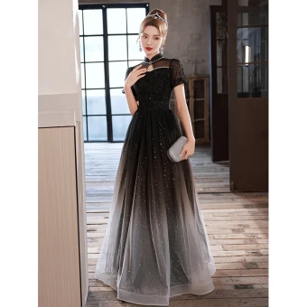Chic Belle Noire Perlage Perle Paillettes Robe De Soirée 2023 Princesse Col Haut Manches Courtes Longue Soirée Robe De Ceremonie