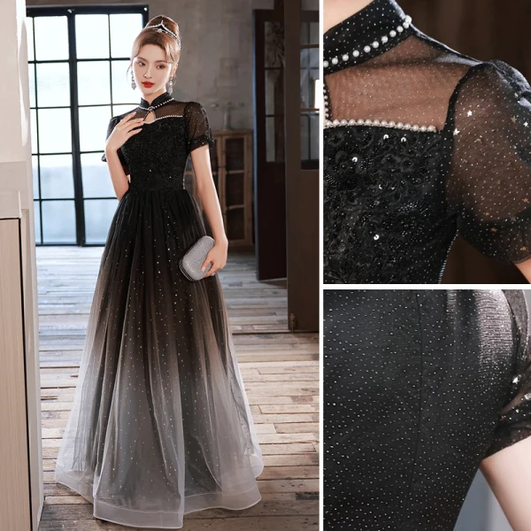 Chic / Belle Noire Perlage Perle Paillettes Robe De Soirée 2023 Princesse Col Haut Manches Courtes Longue Soirée Robe De Ceremonie
