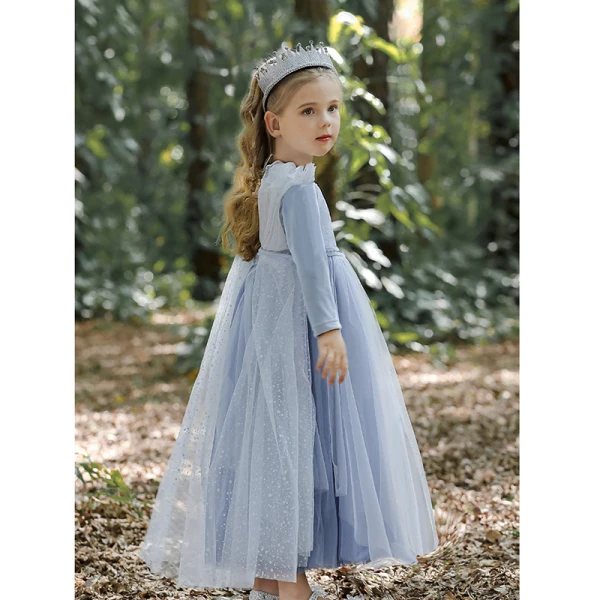 Chic / Beautiful Sky Blue Sequins Birthday Flower Girl Dresses 2023 A-Line / Princess High Neck Floor-Length / Long Tulle Flower Girl Dresses
