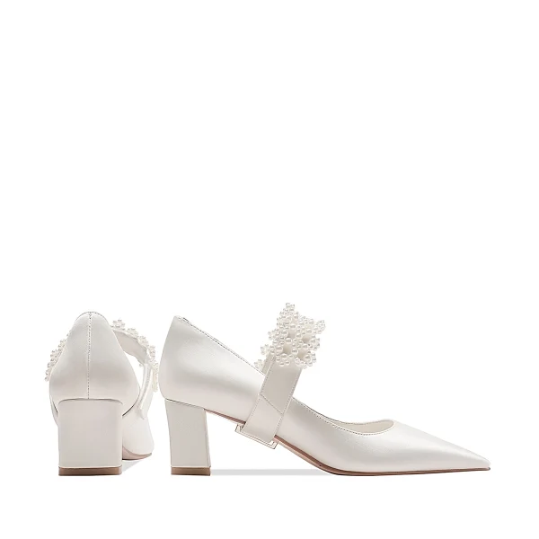 Elegant White Pearl Satin Leather Wedding Shoes 2023 7 cm Thick Heels Pointed Toe Wedding Pumps