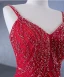 Haut de Gamme Rouge Fait main Perlage Paillettes Robe De Soirée 2024 Trompette / Sirène Bretelles Spaghetti Sans Manches Dos Nu Longue Soirée Robe De Ceremonie