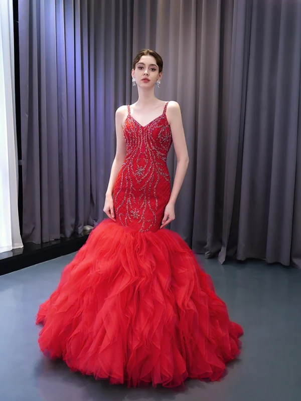 Haut de Gamme Rouge Fait main Perlage Paillettes Robe De Soirée 2024 Trompette / Sirène Bretelles Spaghetti Sans Manches Dos Nu Longue Soirée Robe De Ceremonie