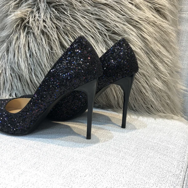 Glitzernden Glanz Schwarz Freizeit Abend Hochhackige 2021 Karneval Club Spitzschuh Leder Stilettos 10 cm / 4 inch High Heels Pumps Damenschuhe