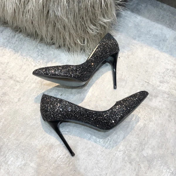Glitzernden Glanz Schwarz Freizeit Abend Hochhackige 2021 Karneval Club Spitzschuh Leder Stilettos 10 cm / 4 inch High Heels Pumps Damenschuhe