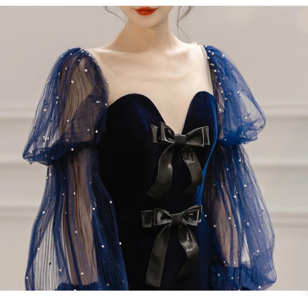 Mode Bleu Marine Paillettes Velours Robe De Soirée 2023 Trompette / Sirène Encolure Carrée Noeud Manches Longues Dos Nu Train De Balayage Soirée Robe De Ceremonie